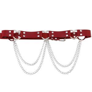 9339 Red Pu Simulated Leather Rivets Love Heart Ring 2-layer Chain Adjustable